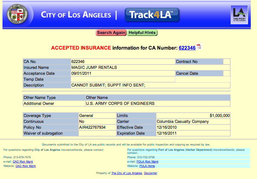 Magic Jump Rentals LA Parks Proof of Insurance